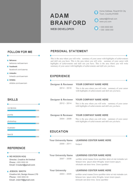 100% ATS Friendly - Blue Color- Instant Download - Resume Template